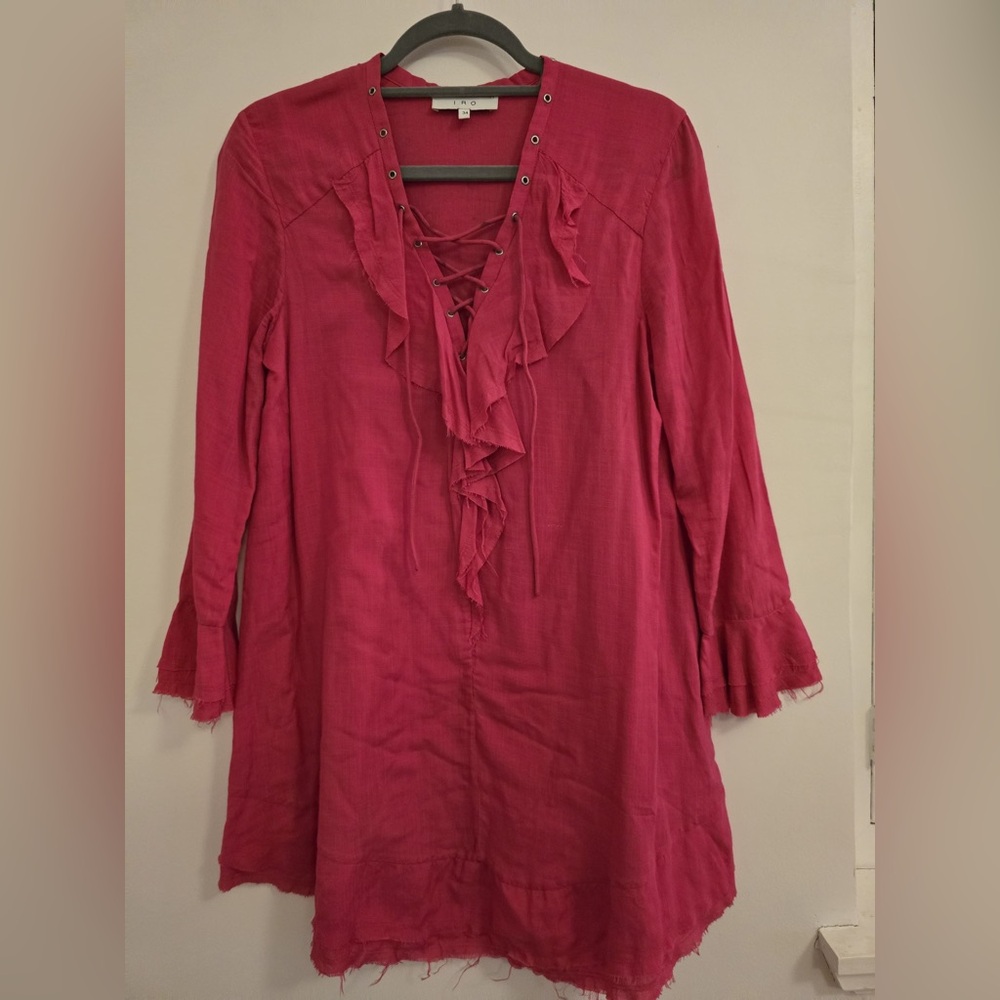 IRO Womens V-Neck Lace-Up Tied Fringed Hem Ruffled A-Line Dress hot pink EU 34